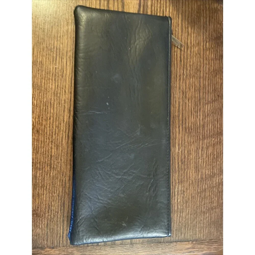 Vintage Money Coin Bank Deposit Receipt Zip Leather Style Bag 12.5” Long Black
